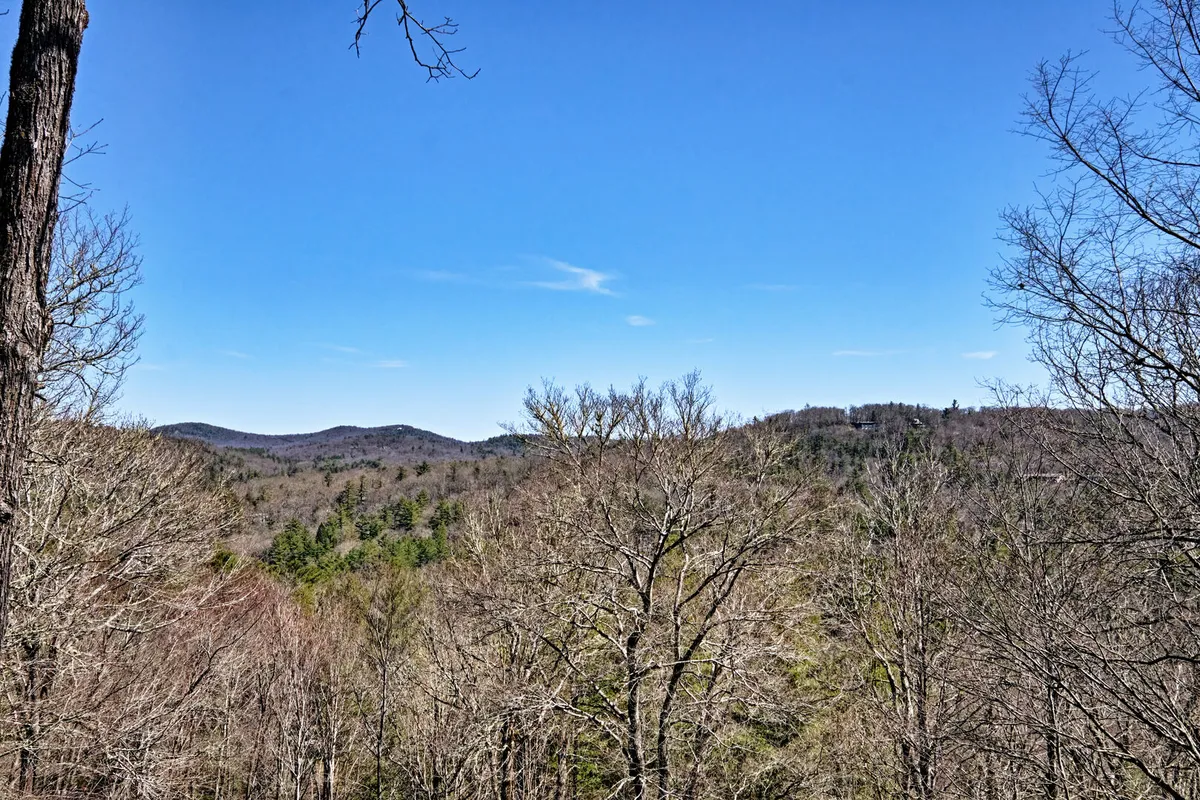 A sweeping view of distant mountains under a clear blue sky, framed by bare trees. The vantage point suggests openness and tranquility, ideal for sunrise views or quiet contemplation.