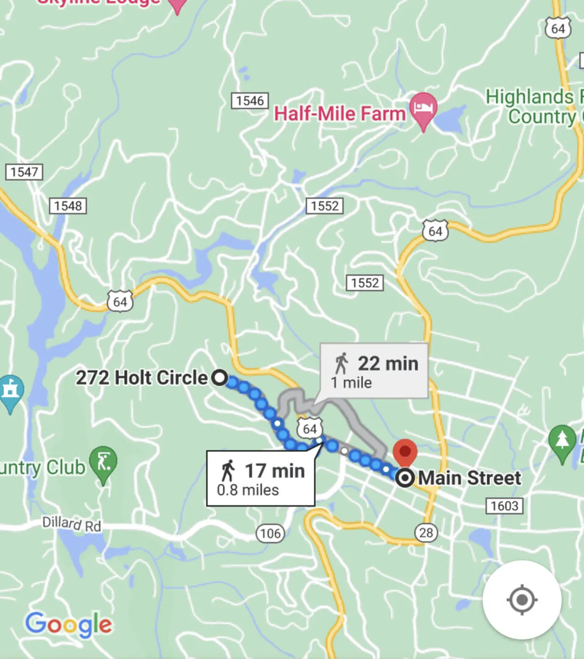 A view-based image showing Main Street, local landmarks, and popular destinations in downtown Highlands. Landmarks like the Highlands Country Club and Half-Mile Farm are visible, and the mood is lively and communal, evoking the heart of local activity.